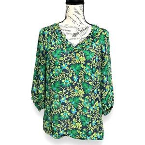 Banana Republic XS Green Blue Floral Boho Cottagecore V-Neck 3/4 Sleeve Blouse